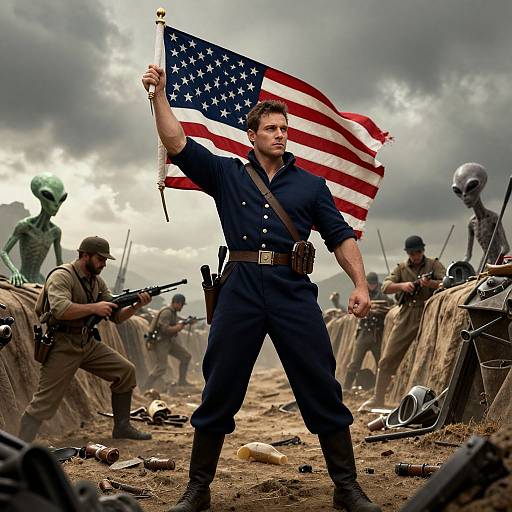 Victorious Soldier with American Flag