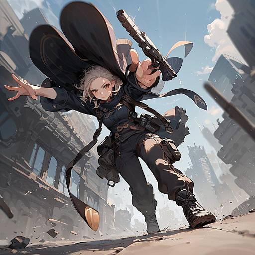 Dynamic Woman Shooting Gun Cityscape