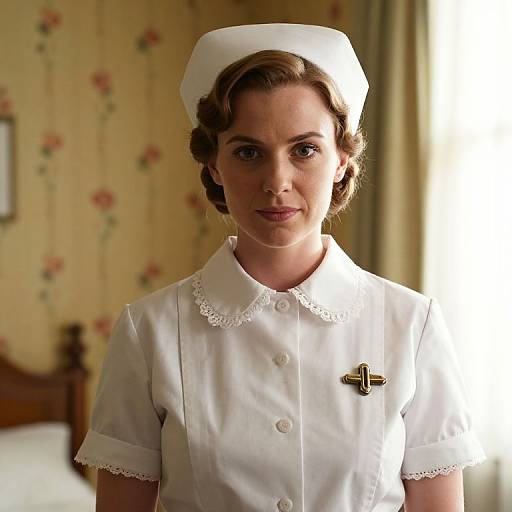 Photograph of a young woman in a vintage-style white nurse uniform with lace collar, cap, and pin, standing in a floral-patterned bedroom.
