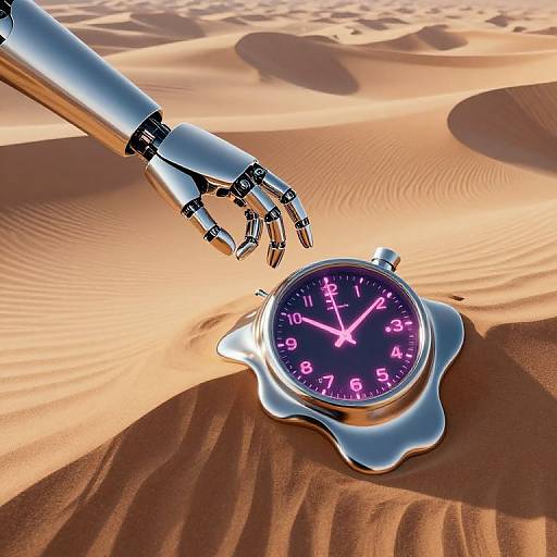 Photograph of a robotic hand with silver metal fingers touching a glowing pink and blue analog watch on golden sand dunes.