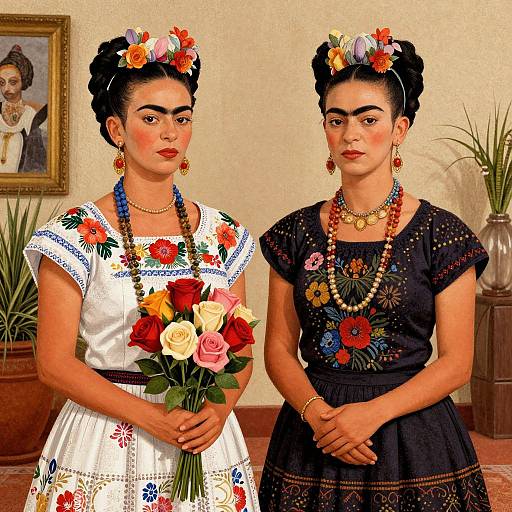 Photorealistic digital artwork of two Mexican women with dark hair, wearing floral headpieces and traditional dresses, holding bouquets, adorned with jewelry, standing