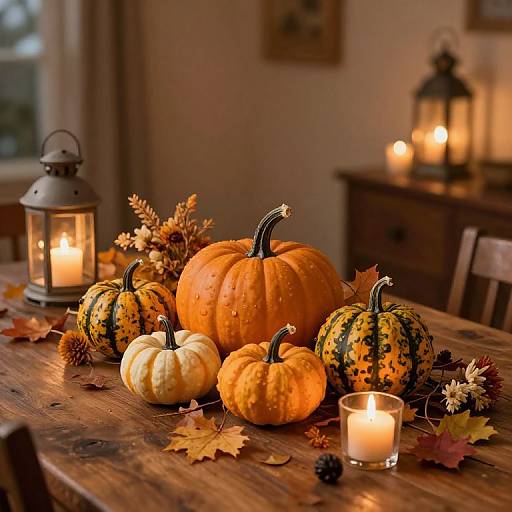 Autumnal photograph of a wooden table adorned with orange, yellow, and white pumpkins, lanterns, candles, and autumn leaves. Warm,