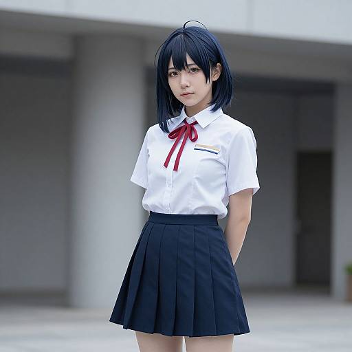Photograph of an Asian woman with black hair in a white short-sleeved school uniform with red ribbon, black pleated skirt, standing outdoors in