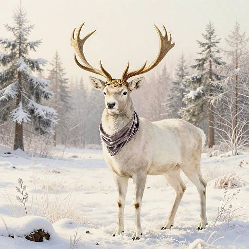 Serene White Stag in Snowy Meadow