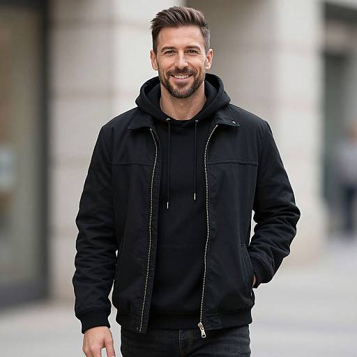 Photograph of a smiling, bearded man with short brown hair, wearing a black hoodie and black jacket, standing outdoors.