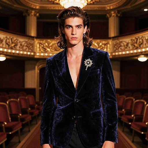Male model with long pompadour in velvet blazer