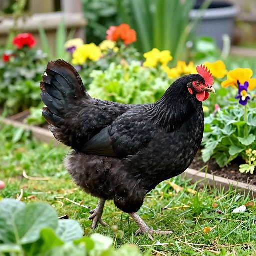 Photograph of a black chicken with red comb and wattle, standing on grass in a colorful, blooming garden bed.