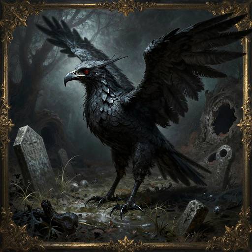 Dark Fantasy Blackened Harpy in Haunted Graveyard