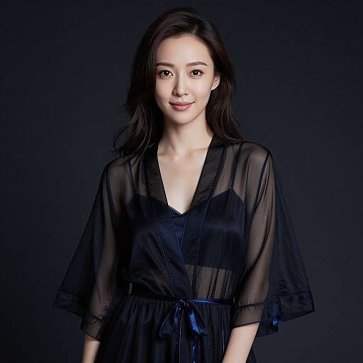 Photograph of a young Asian woman with fair skin and long dark hair, wearing a sheer black robe over a black top, standing against a dark background