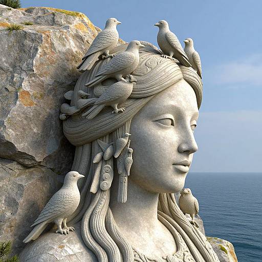 Photograph of a detailed stone statue of a serene woman with birds perched on her head, set against a rocky seaside backdrop.