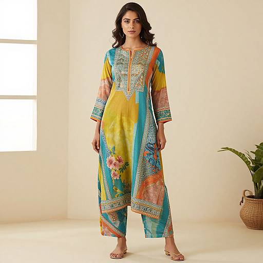 Photograph of a young South Asian woman with dark hair, wearing a colorful, embroidered traditional kameez and pants, standing in a bright room with