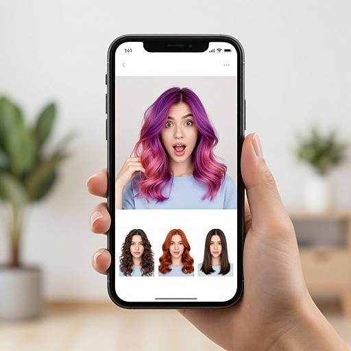 Photograph of a hand holding a smartphone displaying a purple-haired woman's surprised face above three profile pictures of women with curly, wavy, and straight