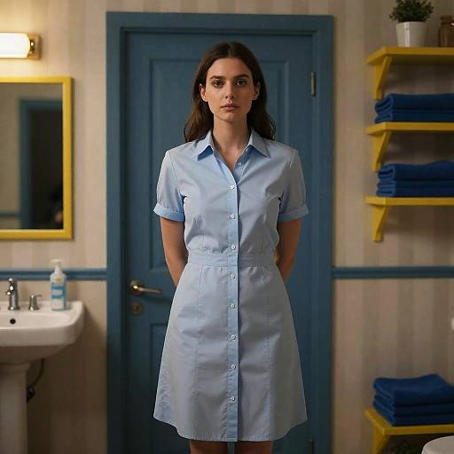 Woman in Blue Dress by Door