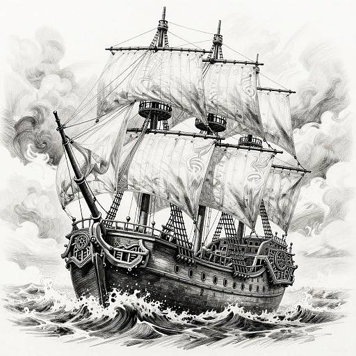 Majestic Pirate Ship Pencil Drawing