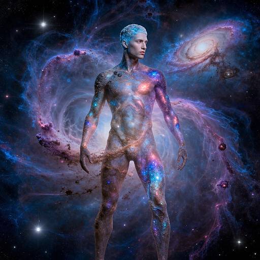 Digital artwork of a nude, blue-haired male figure, glowing with cosmic colors and swirls, standing in a vibrant, star-filled space.