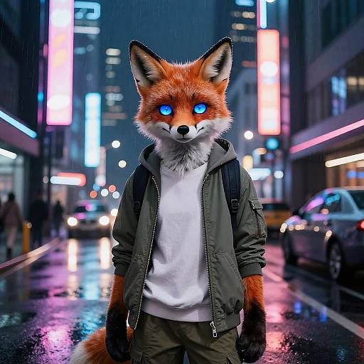 Digital art of a humanoid fox with bright blue eyes, wearing a green jacket and white shirt, standing in a neon-lit, rainy city street at