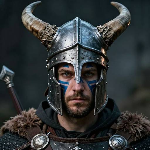 Photorealistic portrait of a bearded man in a Viking-style steel helmet with horn-like decorations, blue face paint, fur-lined cloak, and medieval