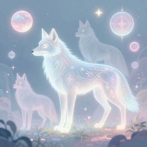Digital artwork of glowing white wolves with luminescent patterns, surrounded by ethereal moons and stars in a mystical, blue night sky.