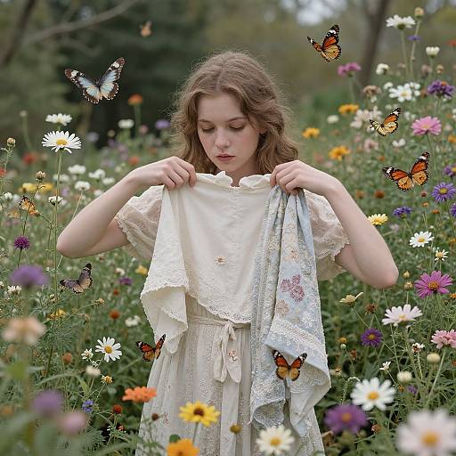 Young girl with wavy brown hair stands in a vibrant meadow, lifting white lace blouse, surrounded by colorful butterflies and wildflowers. Photographic image