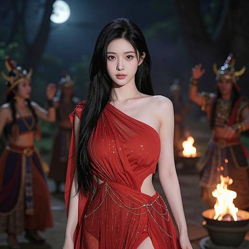 Mystical Red Dress in Moonlit Festival