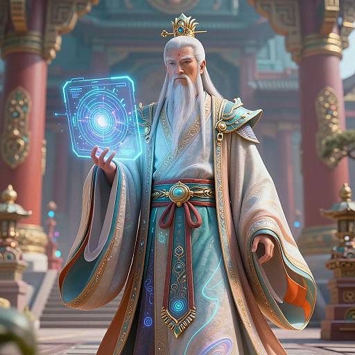 Wise Android Sage in Futuristic Temple