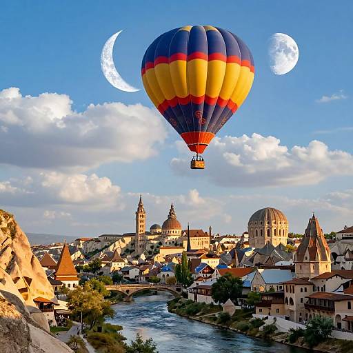 Photograph of a colorful hot air balloon with red, yellow, and blue stripes over a scenic medieval town with crescent moons in the sky, rivers