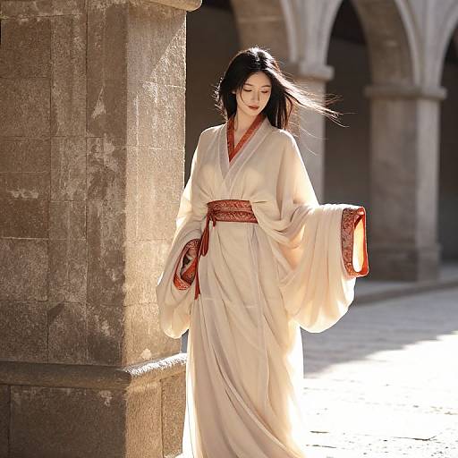 Graceful Woman in Sunlit Courtyard