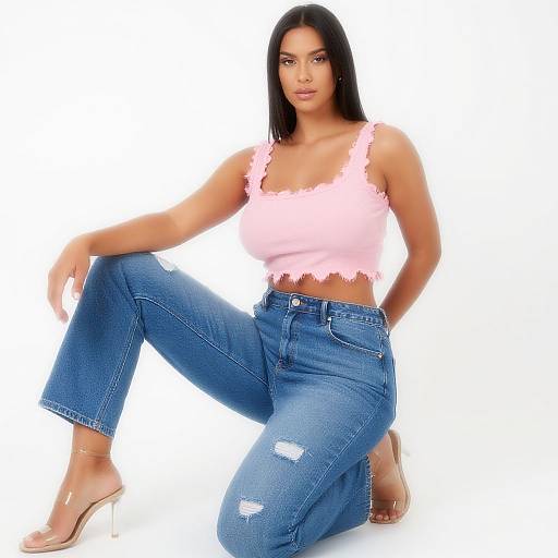 Photograph of a confident, dark-haired woman in a pink, frilled tank top and high-waisted, ripped blue jeans, kneeling with one