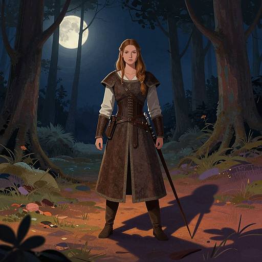 Digital artwork of a young woman with long brown hair, wearing medieval armor and a long dress, standing in a moonlit forest with a full moon behind