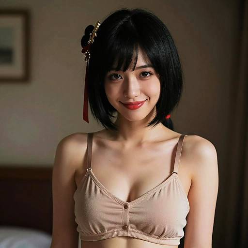 Photograph of an Asian woman with short black hair, wearing a beige bralette, smiling softly, indoors with blurred background.
