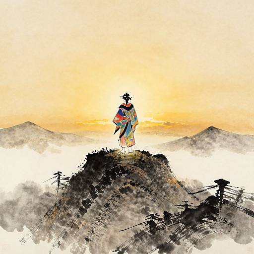 Digital art: lone samurai in colorful kimono stands on misty mountain peak at sunset, surrounded by foggy, treeless terrain.