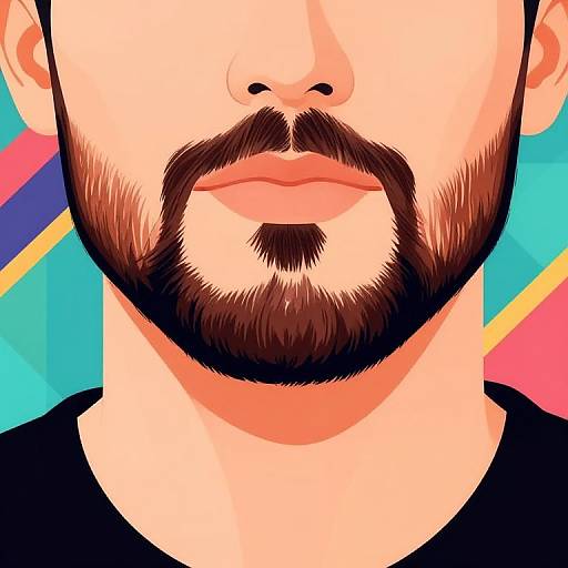 Digital illustration of a bearded man's chin and lips, with a thick mustache and goatee, against a colorful geometric background.