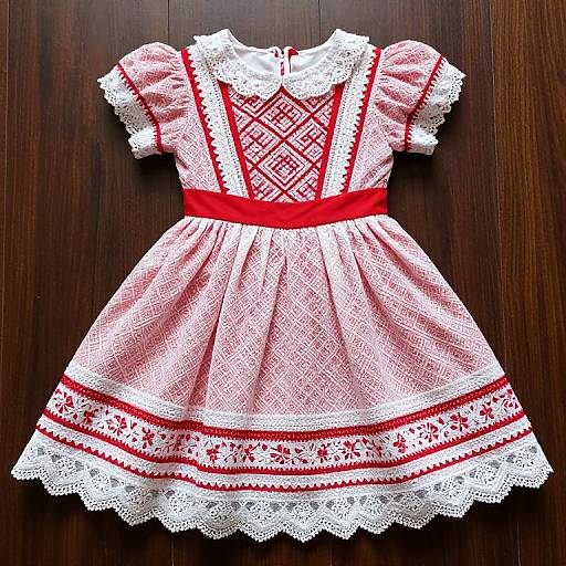 Photograph of a white lace and red embroidered children's dress with short sleeves, red waistband, and intricate patterns, laid on dark wooden floor.