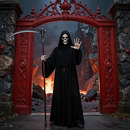 Photograph of a skeletal Grim Reaper in a black hooded robe, holding a scythe, standing in a fiery apocalyptic landscape through a red,