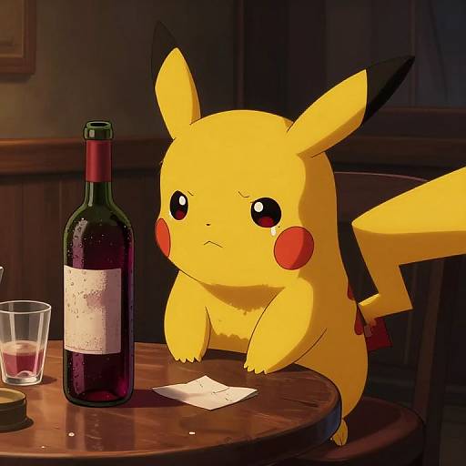 Digital artwork of a pouty Pikachu sitting at a wooden table with a dark wine bottle, glass of red wine, and a note. Dimly