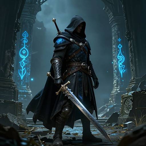 Mysterious hooded warrior in dark armor, holding a glowing sword, stands in a ruined, blue-lit, ancient temple. Epic fantasy scene.