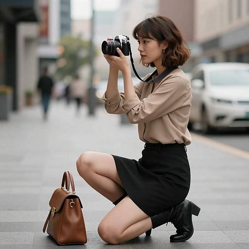 Kneeling Street Photographer in Urban Scene