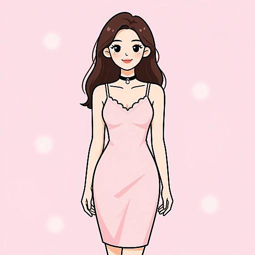 Digital anime-style drawing of a smiling woman with long brown hair, wearing a pink, form-fitting, spaghetti-strap dress and black choker.
