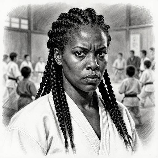 Black-and-white photograph of a serious African woman with braided hair, wearing a judo gi, in a dojo with blurry, focused students in the