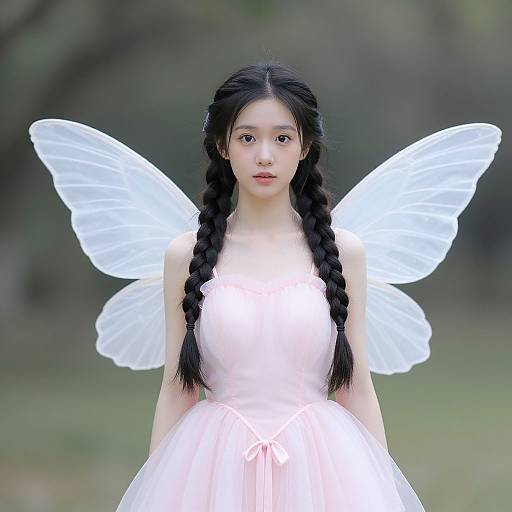 Photograph of an East Asian woman with long black braids, wearing a pale pink dress, and translucent white fairy wings, standing in a blurred green