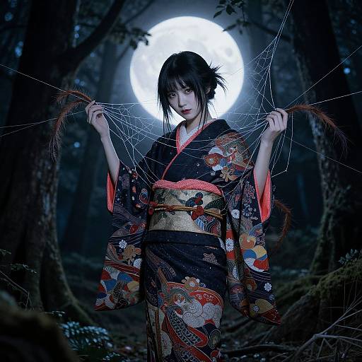 Photograph of a pale Asian woman in a colorful, patterned kimono, holding spider webs against a glowing full moon in a dark forest.