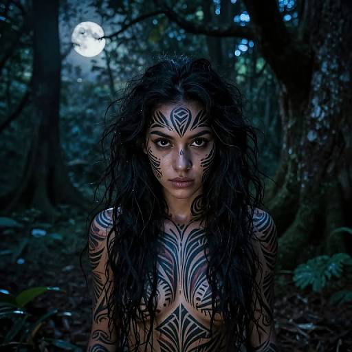 Photograph of a woman with dark curly hair, intricate black tattoos on face and chest, standing in a dark forest under a full moon.