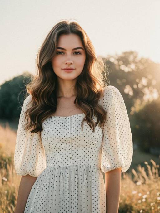 Young Woman in Polka Dot Dress Outdoors