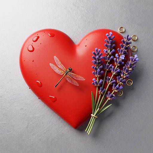 Red Heart with Lavender Bouquet and Dragonfly