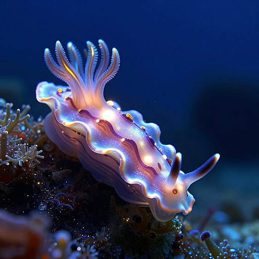 Photograph of a glowing, vibrant sea anemone with radiant blue, purple, and orange hues, set against a dark blue underwater background.