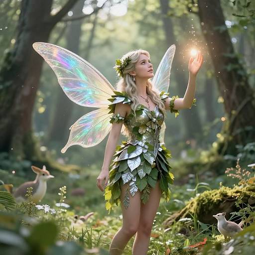 Digital artwork of a blonde fairy with iridescent wings, wearing a leafy dress, touching a glowing light in a sunlit forest.
