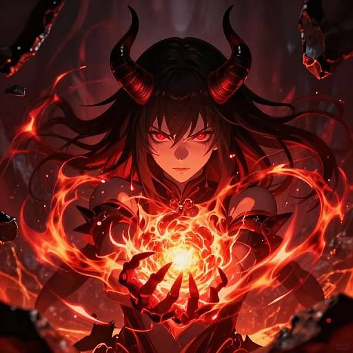 Digital anime-style drawing of a fierce demoness with black horns, glowing red eyes, and dark hair, conjuring fiery energy with outstretched hands