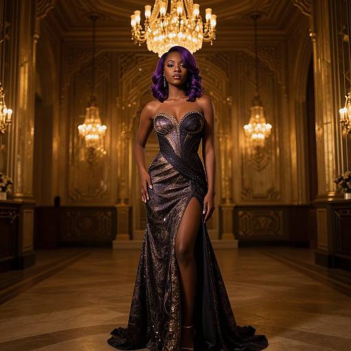 Photograph of a confident Black woman with purple hair, wearing a sparkly, strapless, black gown with a high thigh slit, standing in a