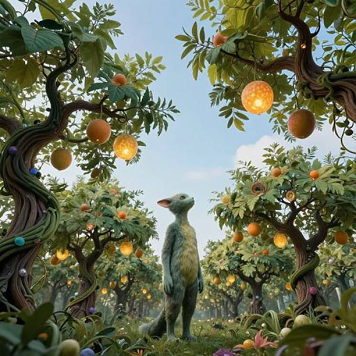Fantastical digital artwork of a whimsical, fluffy bird-like creature standing in an enchanted orchard with twisted trees, glowing orange orbs, and vibrant