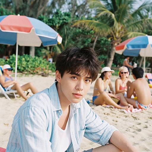 Photograph of an Asian man with black hair, wearing a light blue shirt, sitting on a sunny beach with palm trees, colorful umbrellas, and